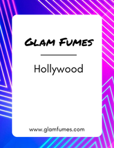 A product image featuring the brand 'Glam Fumes' with the perfume and body oil product name 'Hollywood' displayed prominently. The background is vibrant with purple and blue geometric patterns.